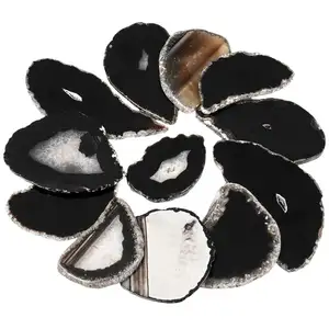 Plaque d'agate en pierre noire 5 pièces, cristal différentes tailles, tranche d'agate gravée