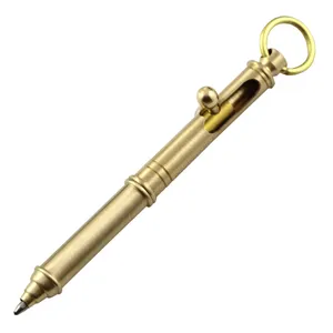 Koperen Tactische Mini Short Gun Bullet Vorm Pen Zelfverdediging Gouden Bout Actie Alle Messing Pen Met Sleutelhanger