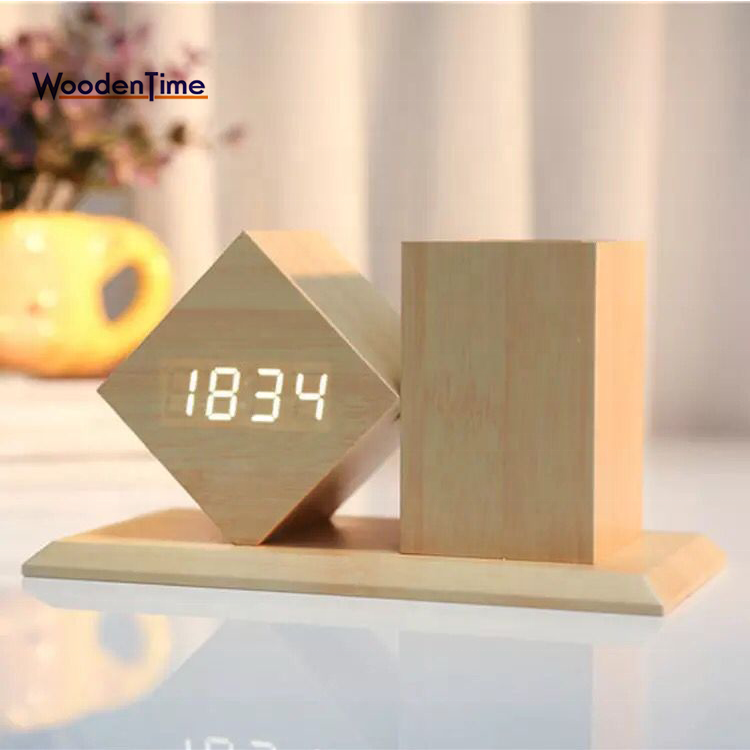 Мода подарок деревянный светодио дный стол LED творческий говорящий будильник деревянный держатель ручки для рекламного подарка