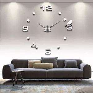 Klassieke Geschenken Goedkope 3D Diy Zilveren Grote Eva Foam Acryl Spiegel Sticker Home Woonkamer Decoratieve Kunst Horloge Wandklokken