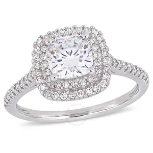 Moissanite and Halo Engagement Ring Pave Diamond Ring in 14K White Gold Jewelry