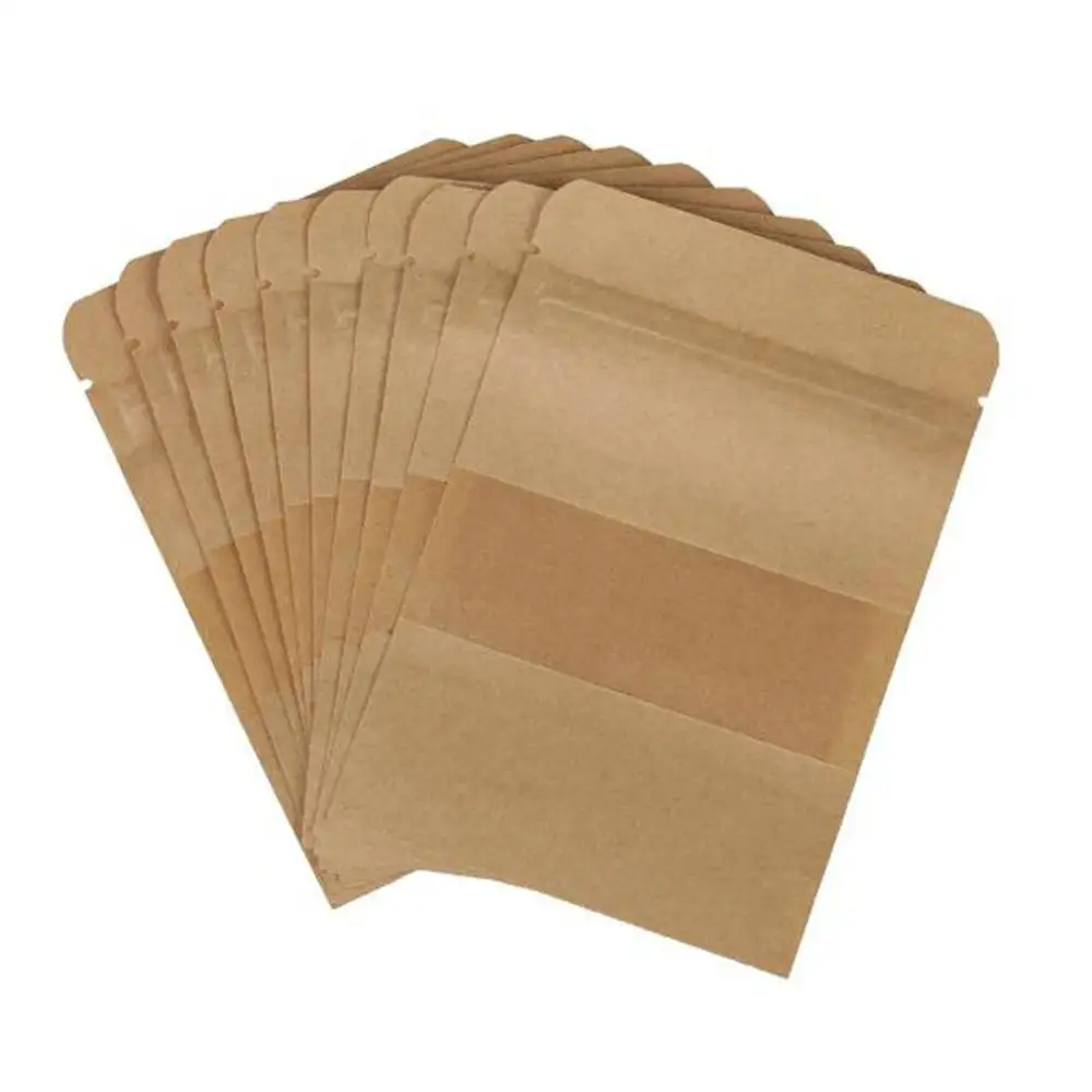Bolsa de papel kraft pequeña para embalaje de azúcar, bolsas de ventana kraft, embalaje de alimentos personalizado, pequeña ventana, bolsas con cierre de cremallera de papel kraft