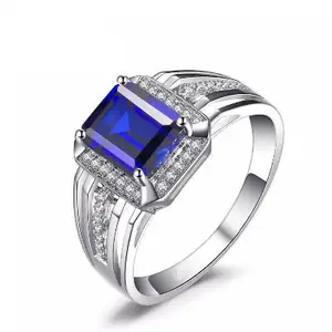 Atacado 925 Prata Esterlina Jóias Emerald Cut Sapphire Anel de Casamento dos homens Anel de Safira