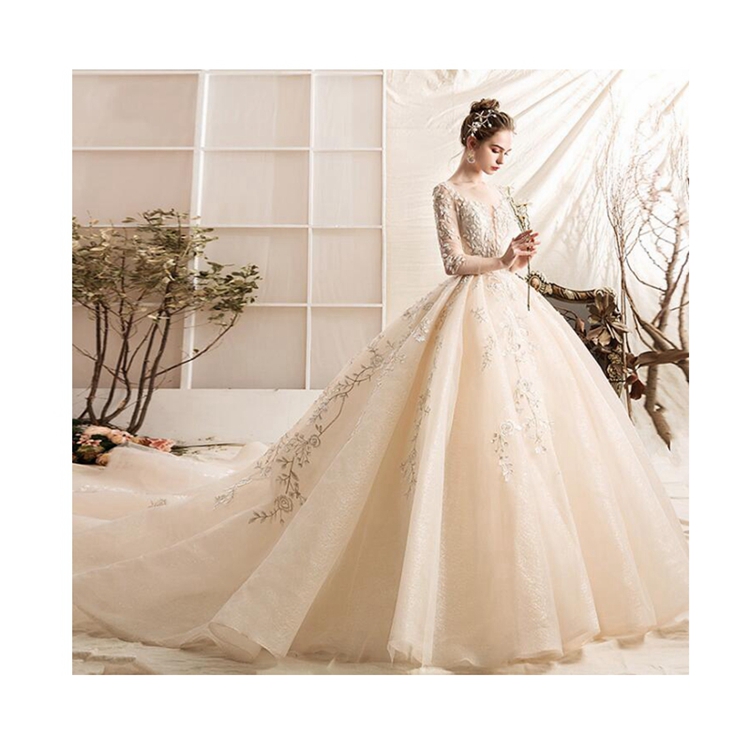 Champagne Tulle Embroidery Appliques Bridal Ball Gown 2020