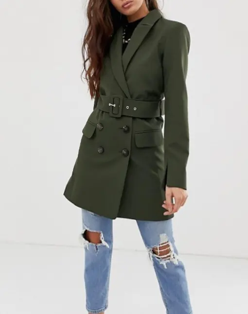 women utility longline belted double breasted blazer in military green