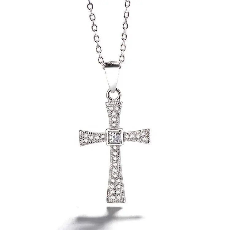 Wholesale Direct Selling High Quality Rhodium Plating Ladies Necklace Cubic Zirconia 925 Sterling Silver Cross Pendant