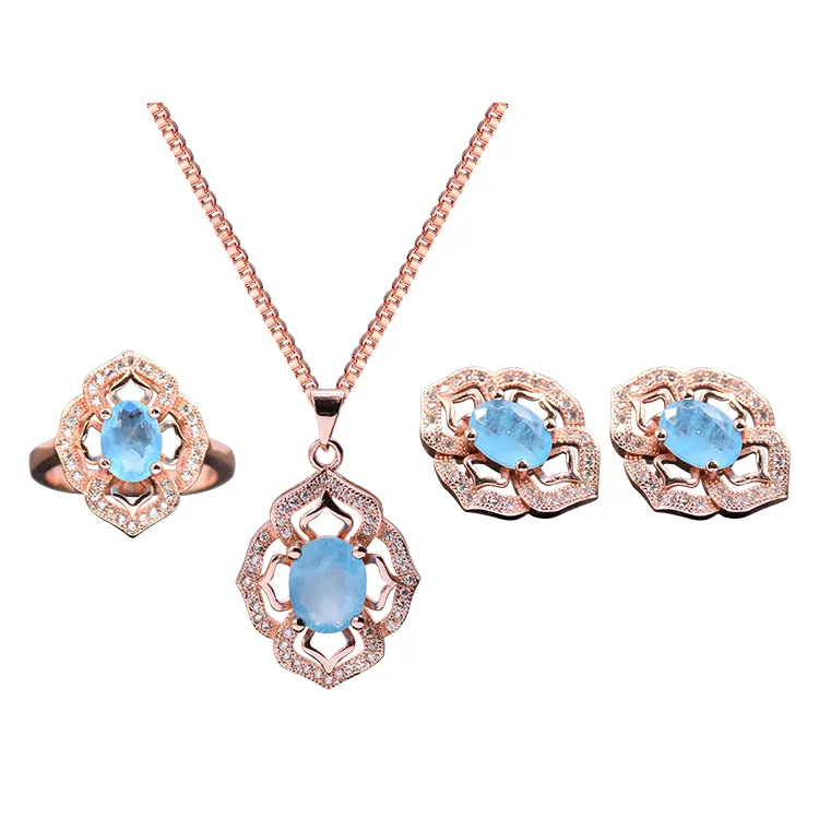 Fancy aquamarine crystal fusion stone pendant ring earrings jewelry set for woman
