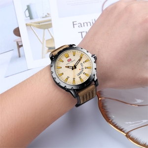 Color Beige cuero banda odm reloj de los hombres de vuelos, con día y fecha movimiento - Product Image 4