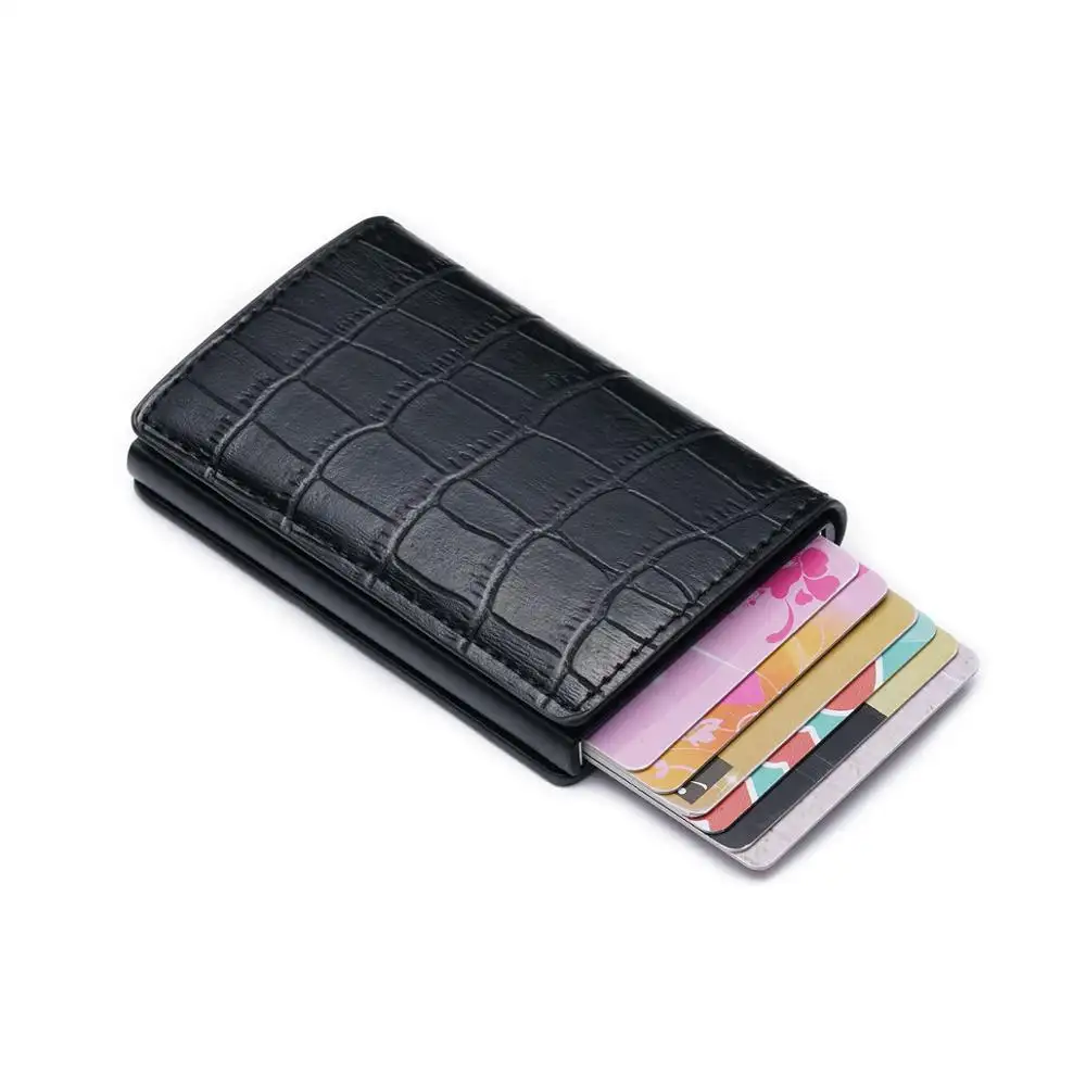 Billetera Anti RFID de cuero con patrón de cocodrilo, tarjetero automático de Metal de aluminio | Monedero Delgado