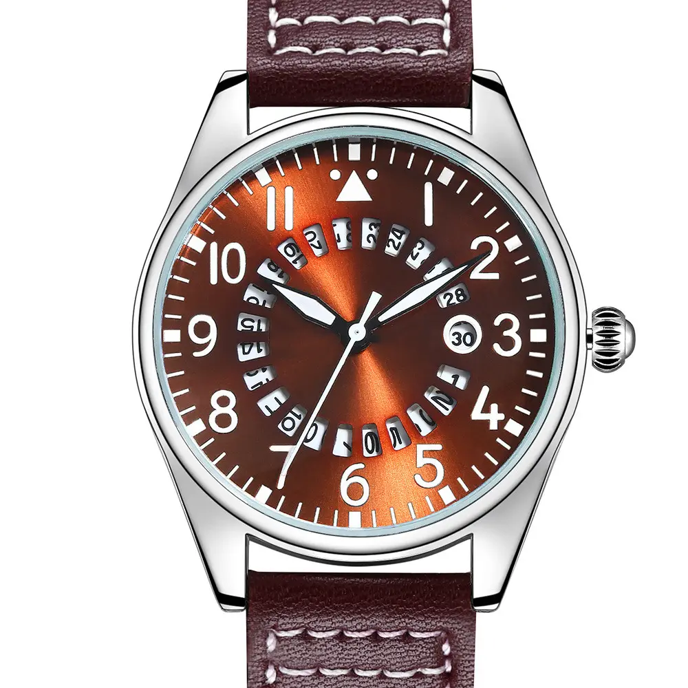 Fashion custom quartz watch personalized leather band calendar waterproof pilot men sport watches