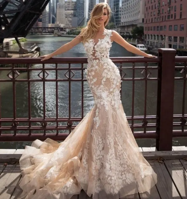 Real Luxury Trumpet Champagne Colored Bridal Gown Mermaid Bridal Wedding Dress