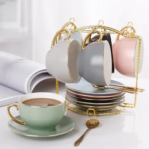 咖啡馆店二手可重复使用的金边豪华陶瓷茶杯定制北欧陶瓷咖啡杯和茶碟套装