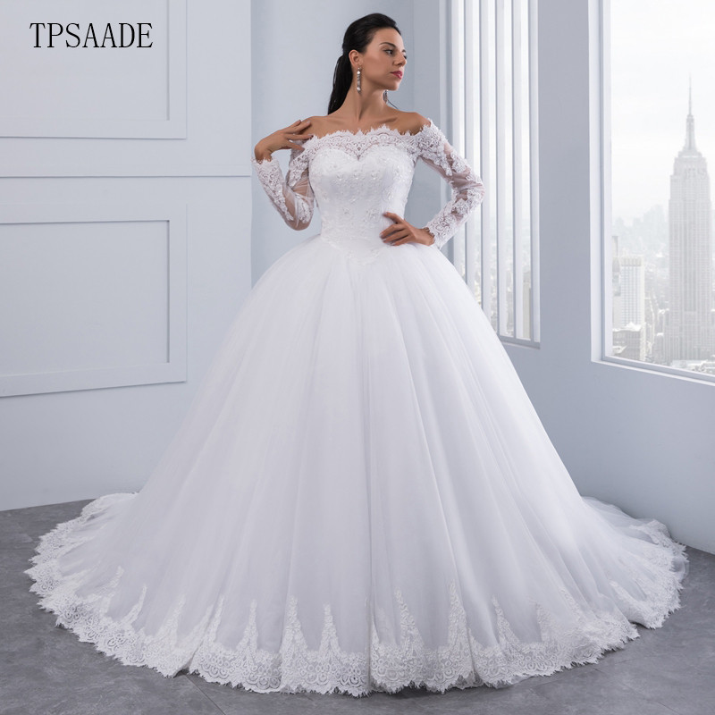 Luxury Lace Fabric Off Shoulder Long Sleeve Bridal Ball Gown Beaded Sequin  Buttons Wedding Dress Vestido De Novia 2025| Alibaba.com