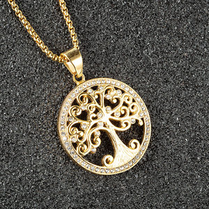 Vente en gros Collier à pendentif <span class=keywords><strong>arbre</strong></span> de vie pavé de cristal en acier inoxydable plaqué or étanche - Product Image 4