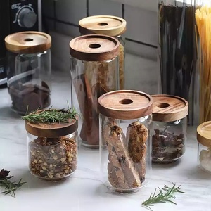 Bocal en verre hermétique de stockage des aliments à usage domestique de haute qualité avec couvercle en bois d'acacia pour le stockage des céréales à sucre dans la cuisine - Product Image 6