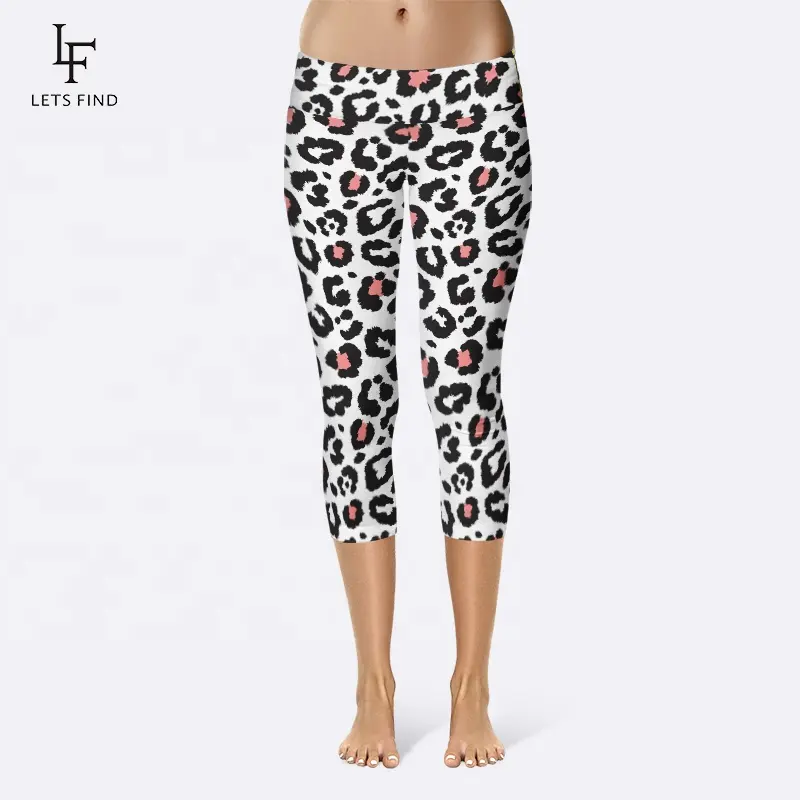 92% polyester 8% spandex hoge taille sexy vrouwen capri leggings moq groothandel custom leopard skin patroon zachte yoga broek