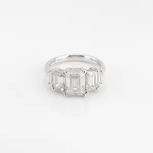 Provence Gems Ring Jewelry 3 Stone Emerald Cut 6x8mm Center Synthetic Moissanite Diamond Stone