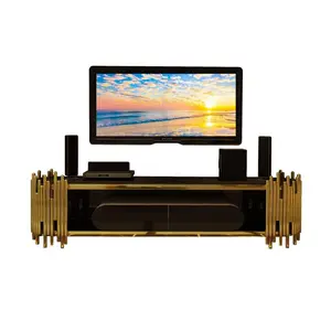 Banco de TV de acero inoxidable dorado de diseño de lujo, soporte de TV de vidrio templado negro para el hogar y Hotel