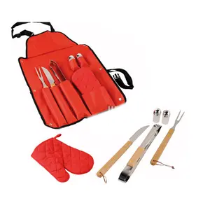 6pcs wood handle bbq tool set with apron