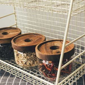 Bocal en verre hermétique de stockage des aliments à usage domestique de haute qualité avec couvercle en bois d'acacia pour le stockage des céréales à sucre dans la cuisine - Product Image 5