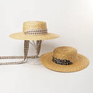 Kravat kurdele ile doğal buğday hasır şapka plaj güneş şapkası