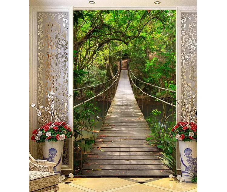 玄関ドアのための自然の森の風景吊り橋装飾壁の壁紙巾着紙壁画
