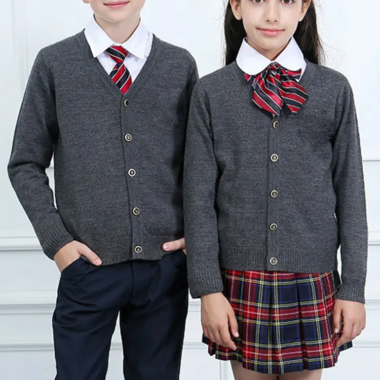 Gri renk özel fabrika güzel okul üniformaları tasarım pamuk kazak Blazer yelek çocuk üniforma