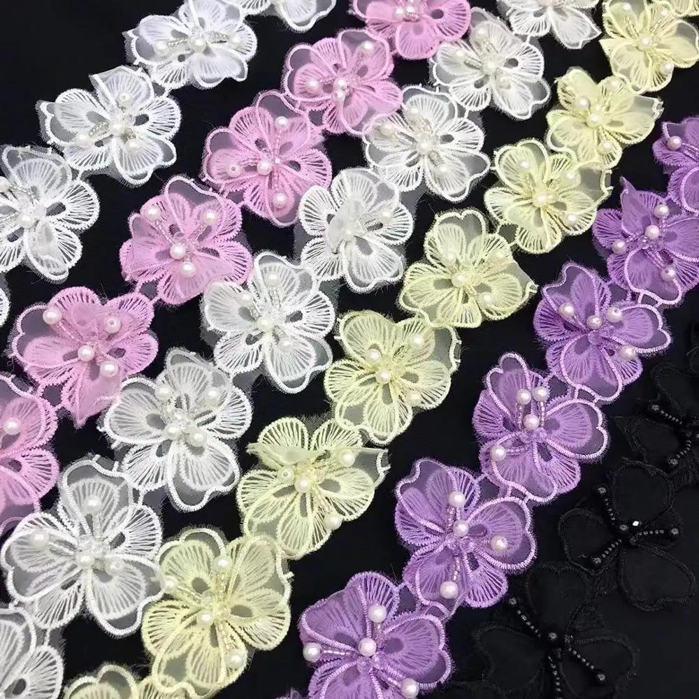 Organza embroidery fabric lace patch trim clothes 3D Beading flower wedding dress diy applique