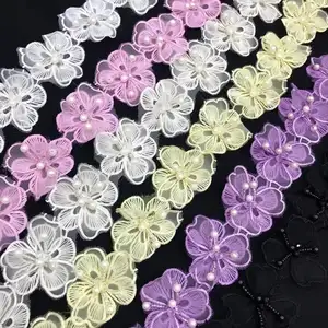 Organza Stickerei Stoff Spitze Patch Trim Kleidung 3D Perlen Blume Hochzeits kleid DIY Applikation