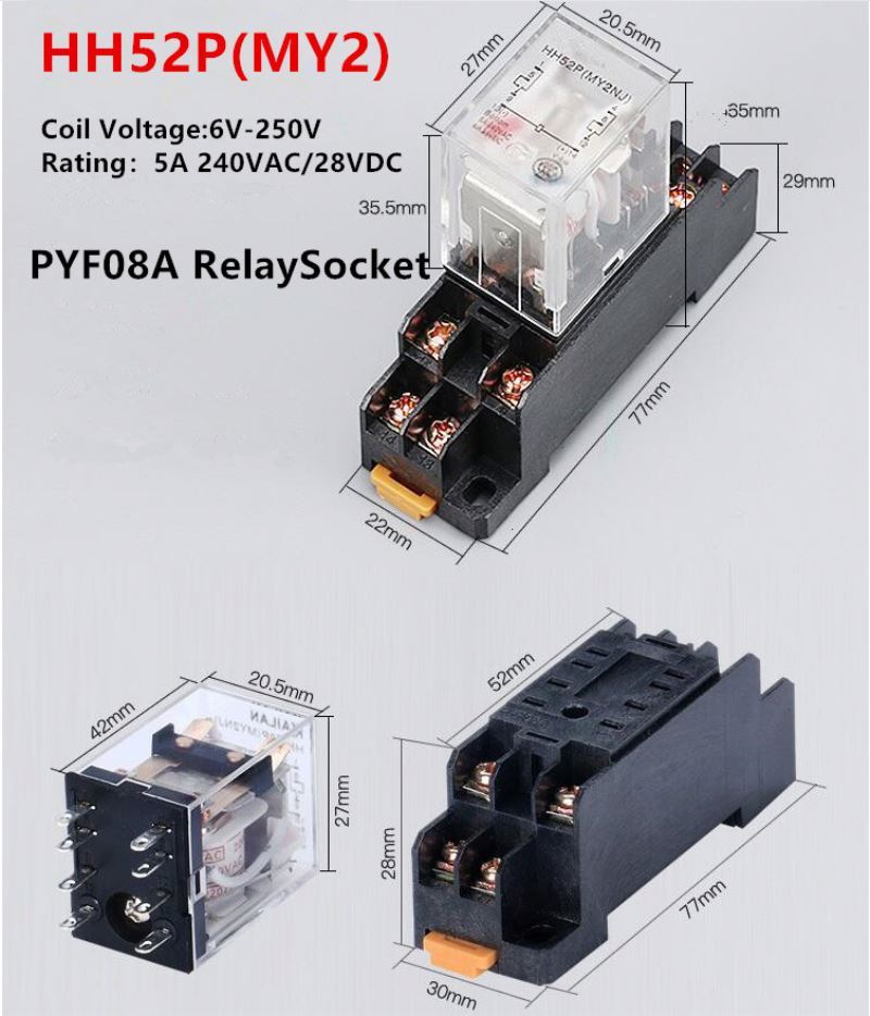 Relais Électromagnétique 24V DC 5A 8 Broches 2NO 2NC HH52PL MY2 Avec Voyant Et Prise Rail DIN
