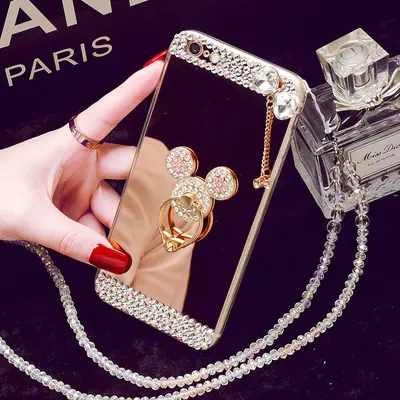 Luxury Glitter mirror phone case with pendant and cute finger ring for samsung galaxy S10 S9 Note9