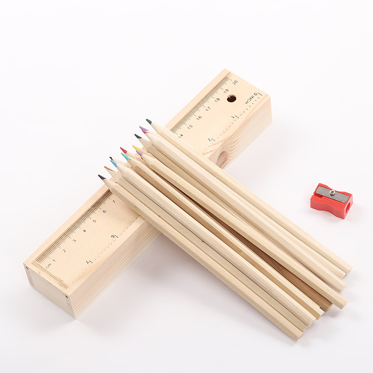 12 цветных карандашей с линейкой, точилка для карандашей в деревянной коробке, набор канцелярских принадлежностей для студентов