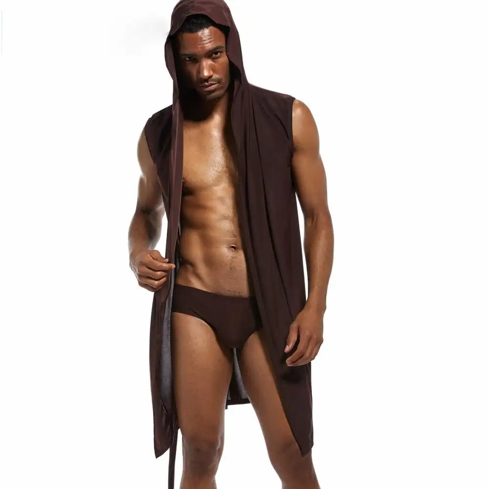 2019 गर्मियों में 100% पॉलिएस्टर साटन पुरुषों सेक्सी नाइटवियर रेशम बिना hombre बाथरोब पुरुषों की hooded बागे अंडरवियर