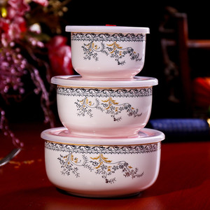 3 Pcs <strong>Set</strong> Ceramic Crisper <strong>Bowl</strong> Porcelain Fresh <strong>Bowl</strong> Cover <strong>Sets</strong> with Plastic Lids for Fruit Salad Food <strong>Microwave</strong> <strong>Oven</strong> Safe - Product Image 4