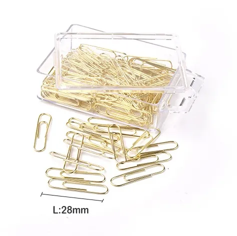 Gold Paper Clips in Elegant Magnetic Marble White Clip Holder, 28mm, 100 Clips per Box