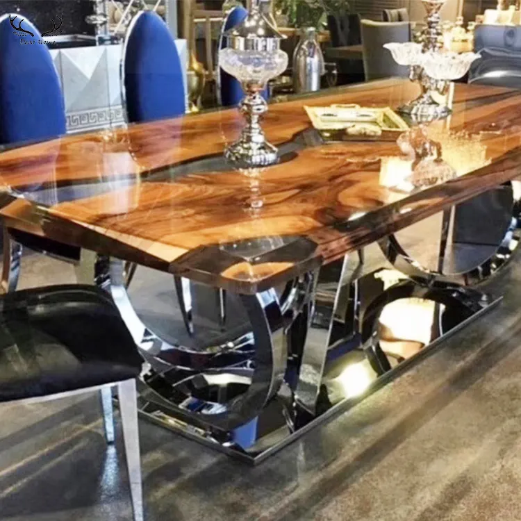 Mesa de comedor de lujo personalizada, mesa de comedor de resina epoxi de nogal sólido americano