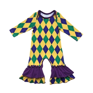 Holiday mardi gras baby girls Linnen long sleeve Onesie Animal kids romper - Product Image 3