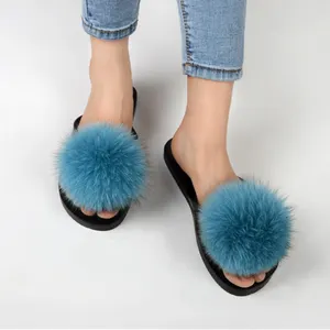 New Tùy Chỉnh Jtfur Mùa Hè Phụ Nữ Trắng Lông Pompom Bóng Giày Dép Flip Flops Bãi Biển Dép