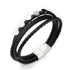 Custom Men Stainless Steel Magnetic Clasp Cowhide Braided Multi Layer Wrap Leather Bracelet