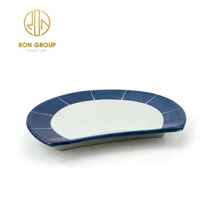 High Quality Customised Restaurant Porcelain Plate Dish Bowl Hotel Dinnerware Bistro Half Round Blue Pattern Ceramic Plate