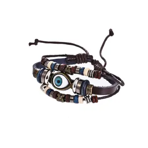 Leather Alloy bracelet Vintage Punk Rock Strap Wristband Eye Multilayer Knitting bracelet KIB13
