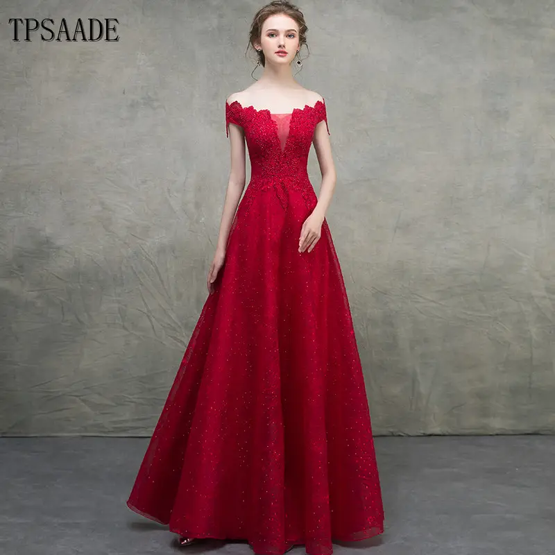 Formal Red Appliques Beaded Scalloped Neckline Evening Dress WF340