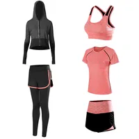 女性用5ピースセット、ランニングスーツジム衣装ワークアウトスポーツウェアヨガスーツフィットネススポーツアスレチックウェア