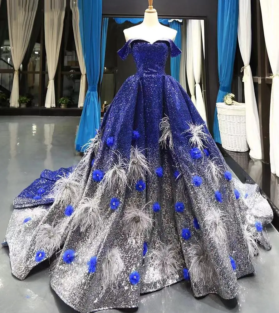 New Turkish Fluffy Peacock Feather Royal Blue Gown Floral Dresses Evening