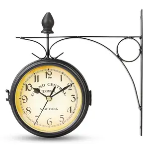 Garden Vintage Retro Home Decor <span class=keywords><strong>Horloge</strong></span> <span class=keywords><strong>de</strong></span> station murale <span class=keywords><strong>double</strong></span> <span class=keywords><strong>face</strong></span> Cadre en fer avec cadran en verre Affichage des aiguilles à quartz - Product Image 1