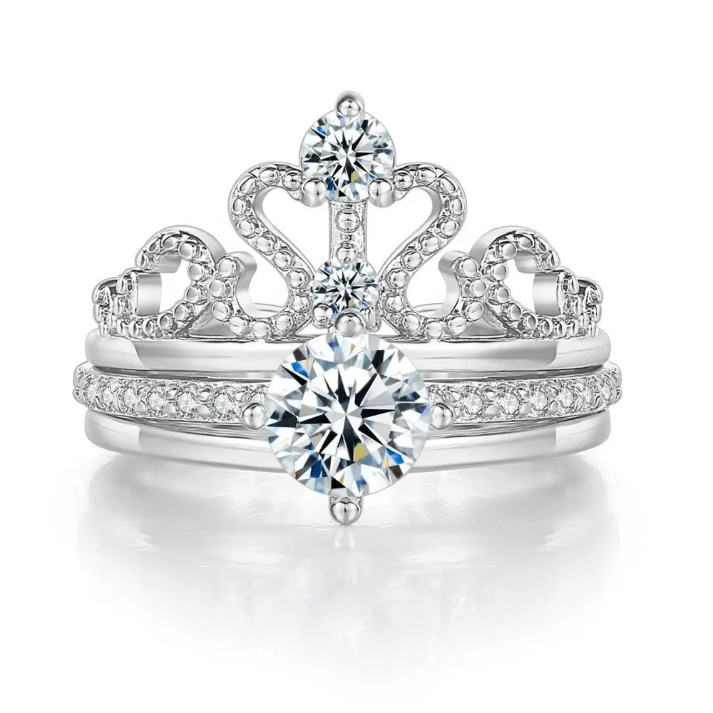 Nuovo Stile Sveglio di Lusso 2 pcs Set Di Fidanzamento Della Principessa Crown Tiara Corona A Forma di Anelli di Cerimonia Nuziale per Le Donne Regolabile R349-4-M
