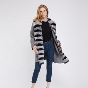 Las mujeres de invierno genuino abrigo de lana con Chinchilla Color cuello de piel de conejo Rex - Product Image 4