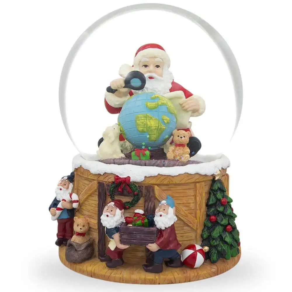 Santa Exploring World with Gnomes Musical Snow Globe Glass