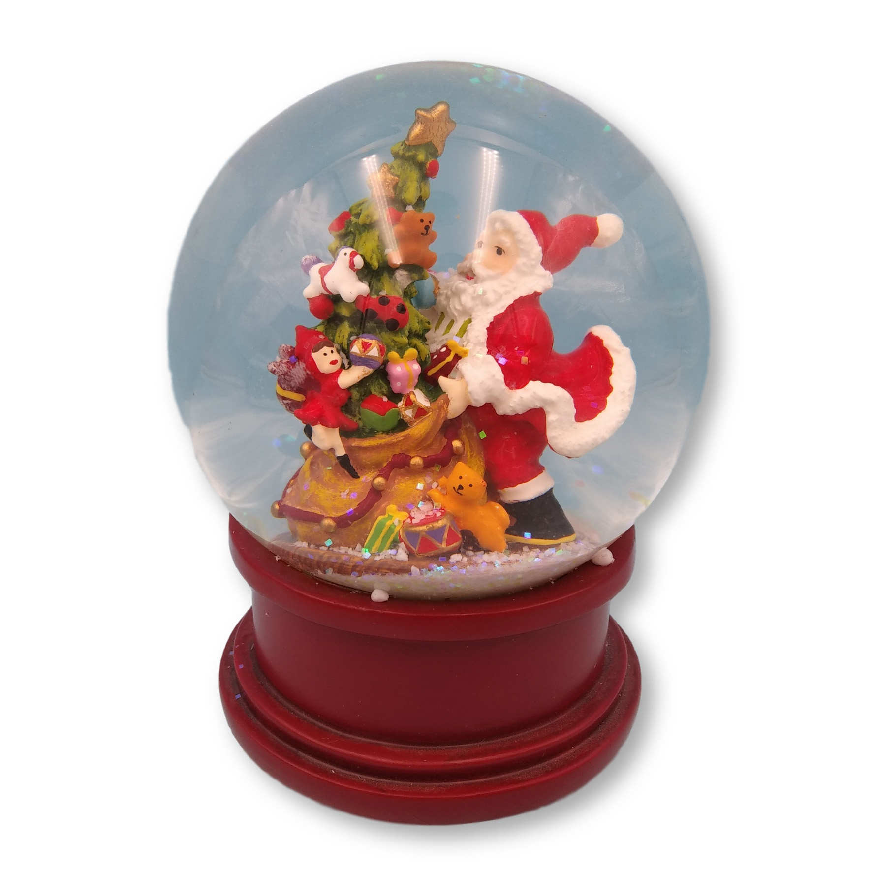 Globo de nieve de Navidad, Base de madera con Santa Claus y niñas pequeñas alrededor del árbol de Navidad