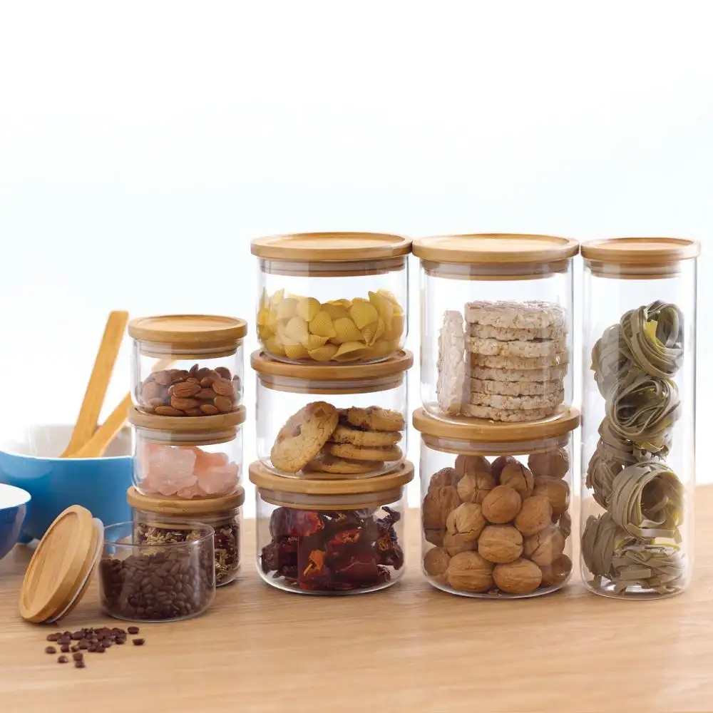 2022 nuovo prodotto vaso contenitore contenitore per alimenti vaso di vetro con coperchio ermetico in bambù contenitore da cucina con coperchio in legno